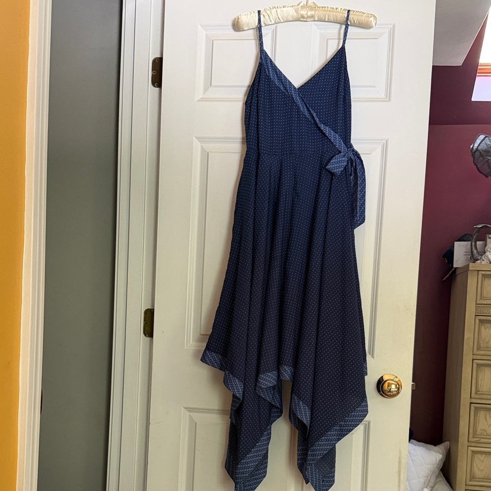 Navy Blue Spaghetti Strap Wrap Dress with Handkerchief Hem
